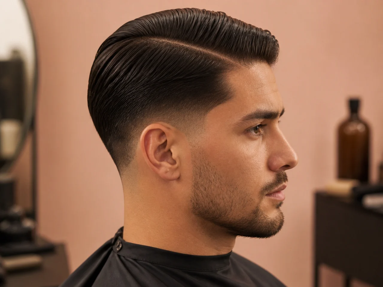 Low taper slick back with clean side part on straight hair and low taper fade at the temple