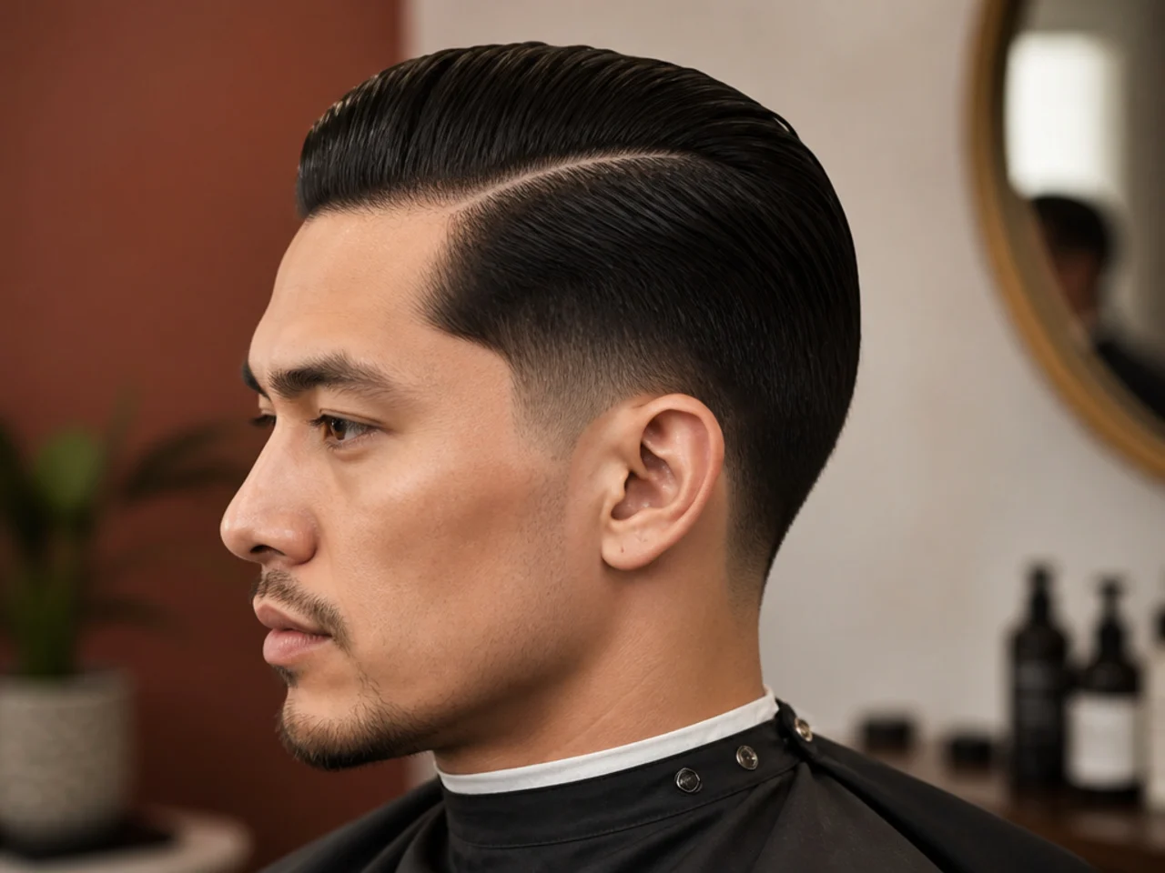 Low taper slick back with a shaved hard part line above the temple and clean architectural finish
