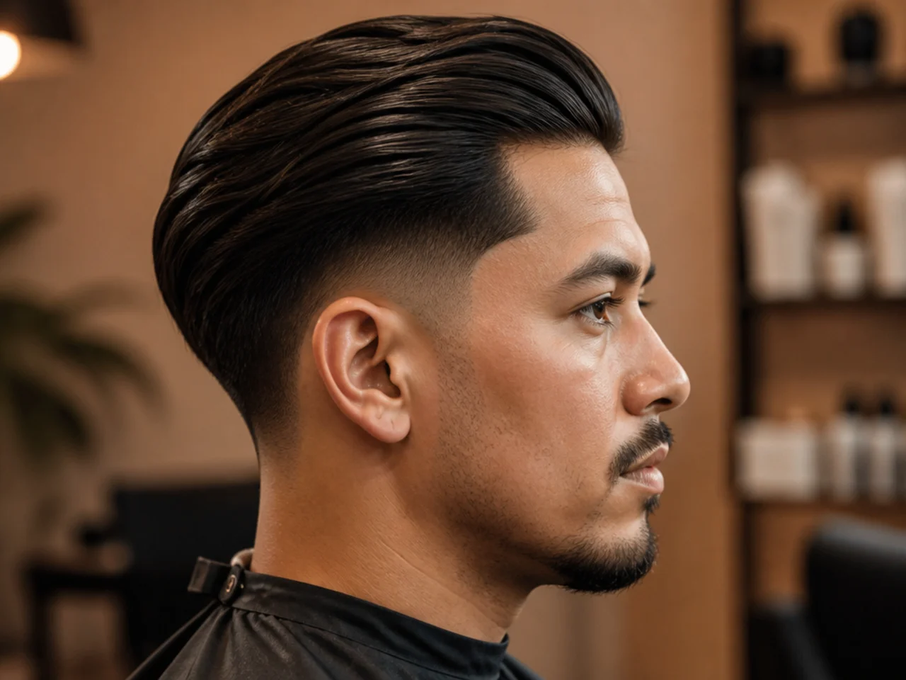 Disconnected low taper slick back with sharp contrast between long top and short taper sides