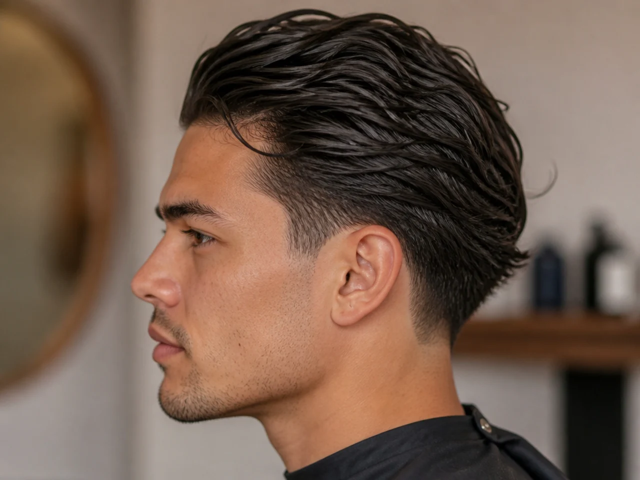 Messy low taper slick back with intentional strand separation and lived-in finish on brown hair