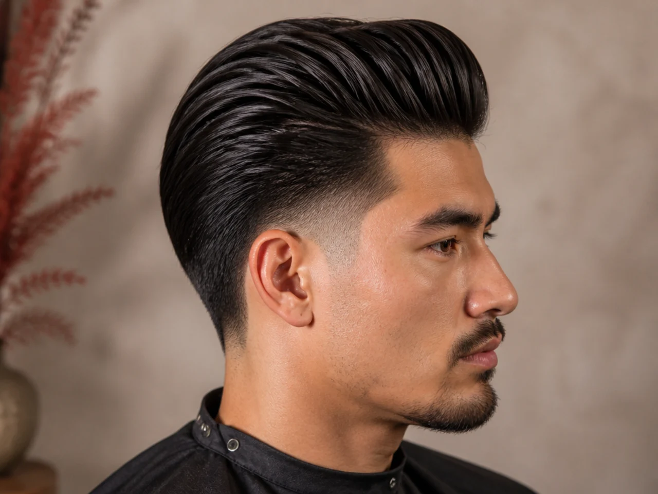 Low taper slick back pompadour with front lift and slicked-back sides on straight dark hair