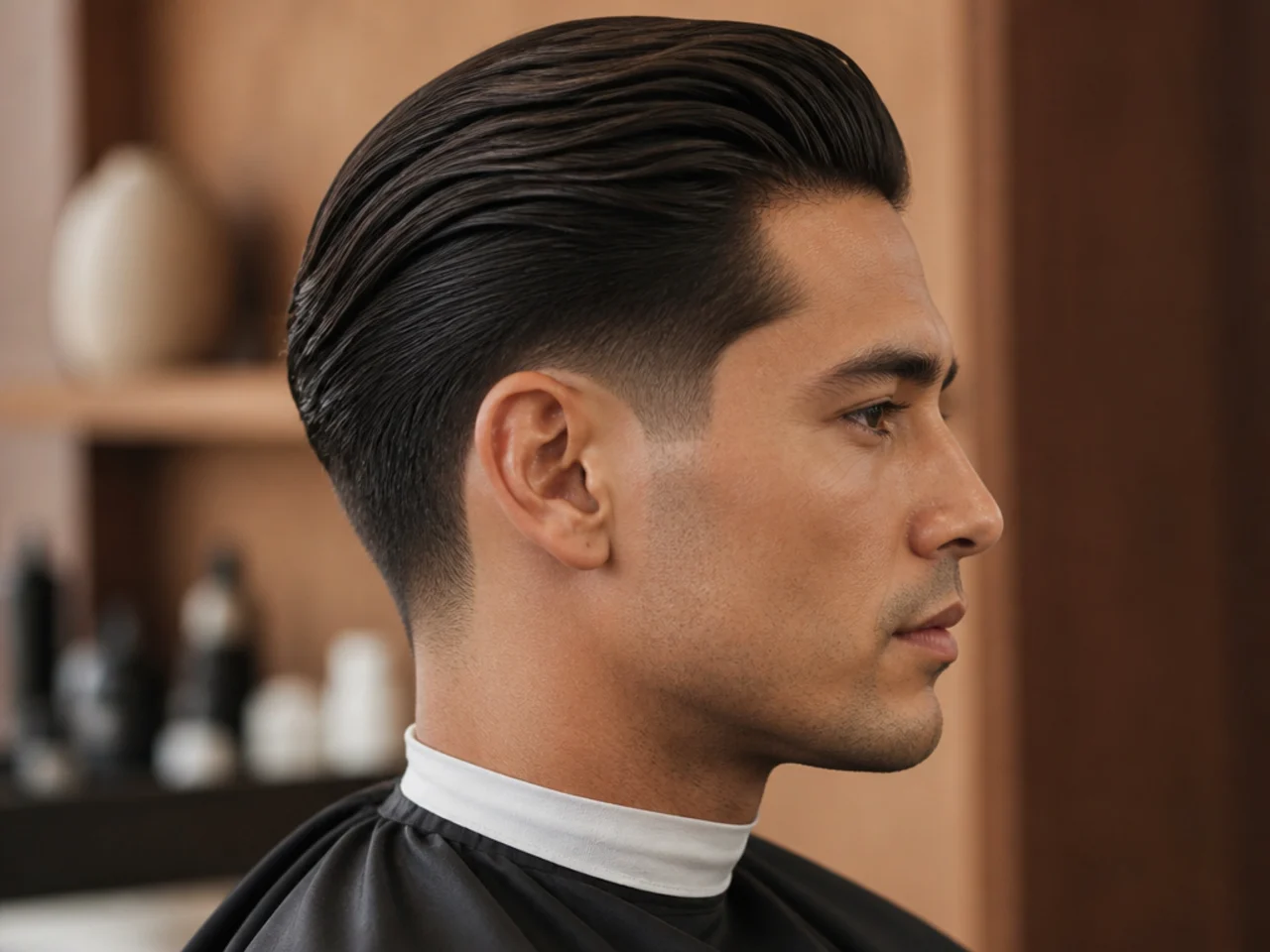 Old money low taper slick back with side part and understated pomade finish on a man in a suit