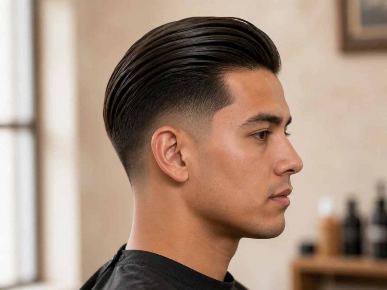 Slick back undercut with low taper blend at the perimeter and disconnected long top