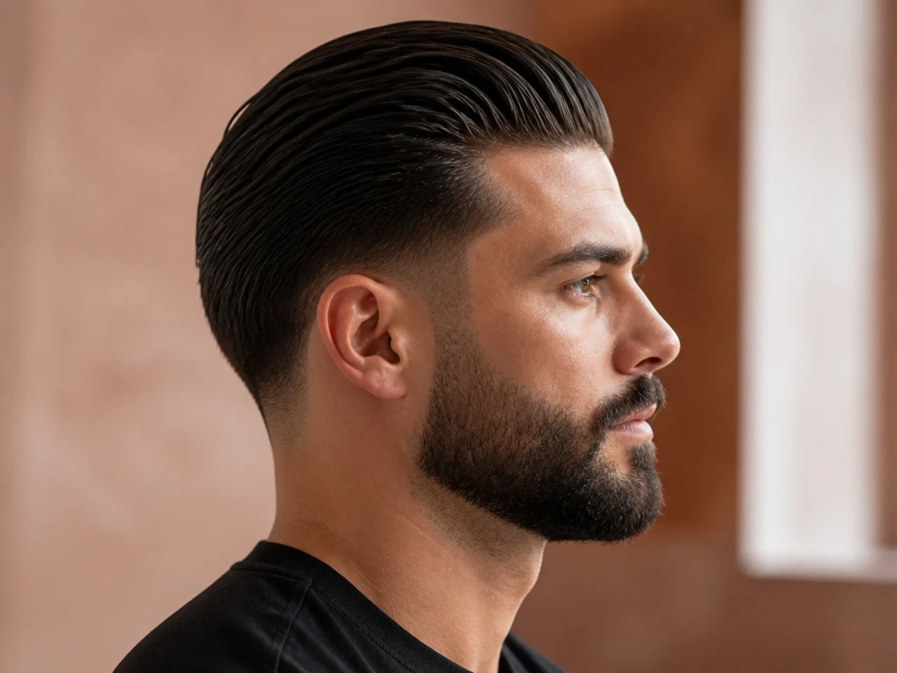 Low taper slick back paired with a groomed medium-length beard and clean side profile