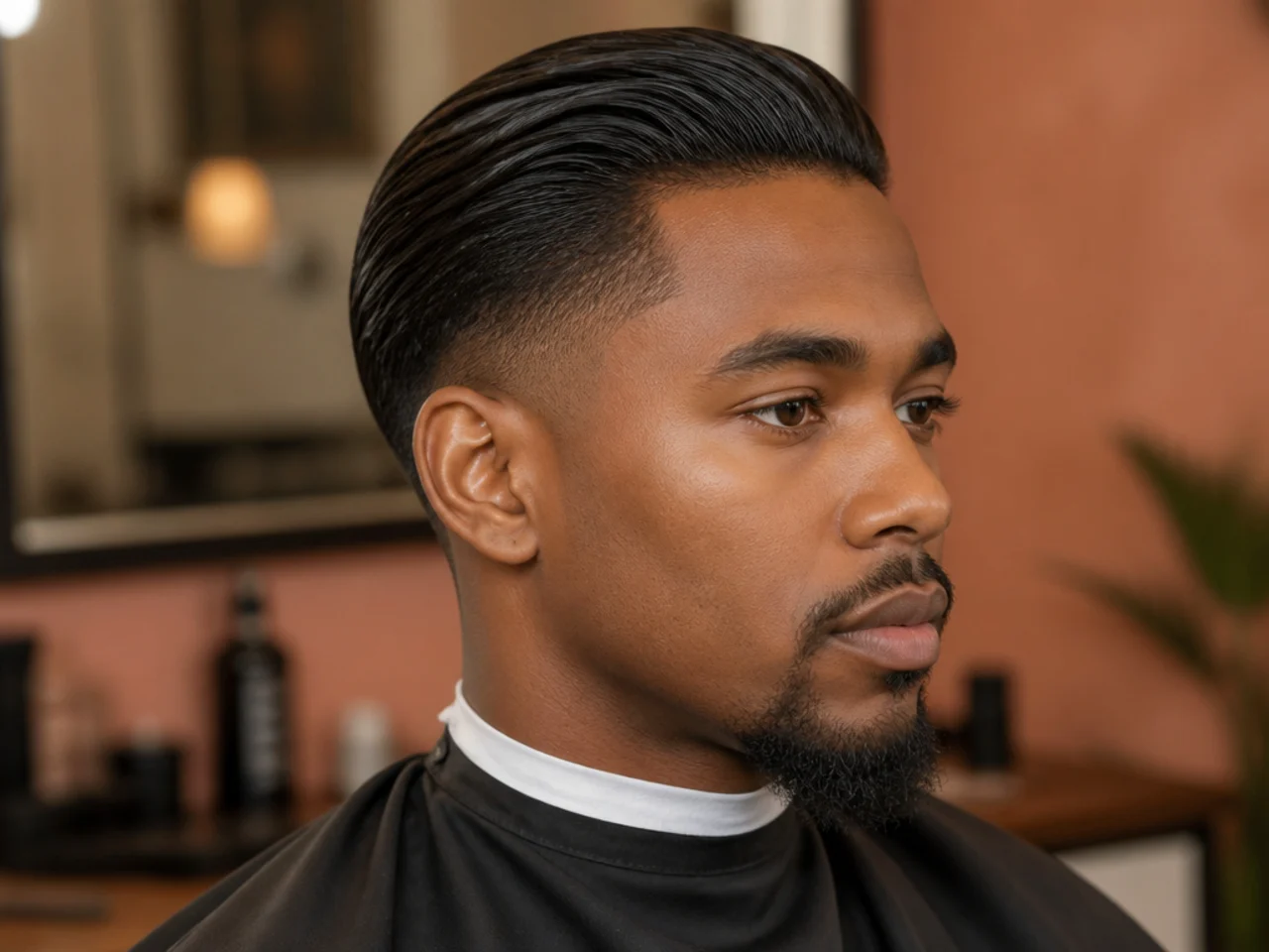Low taper slick back for black men with defined natural texture and clean low taper fade at the perimeter
