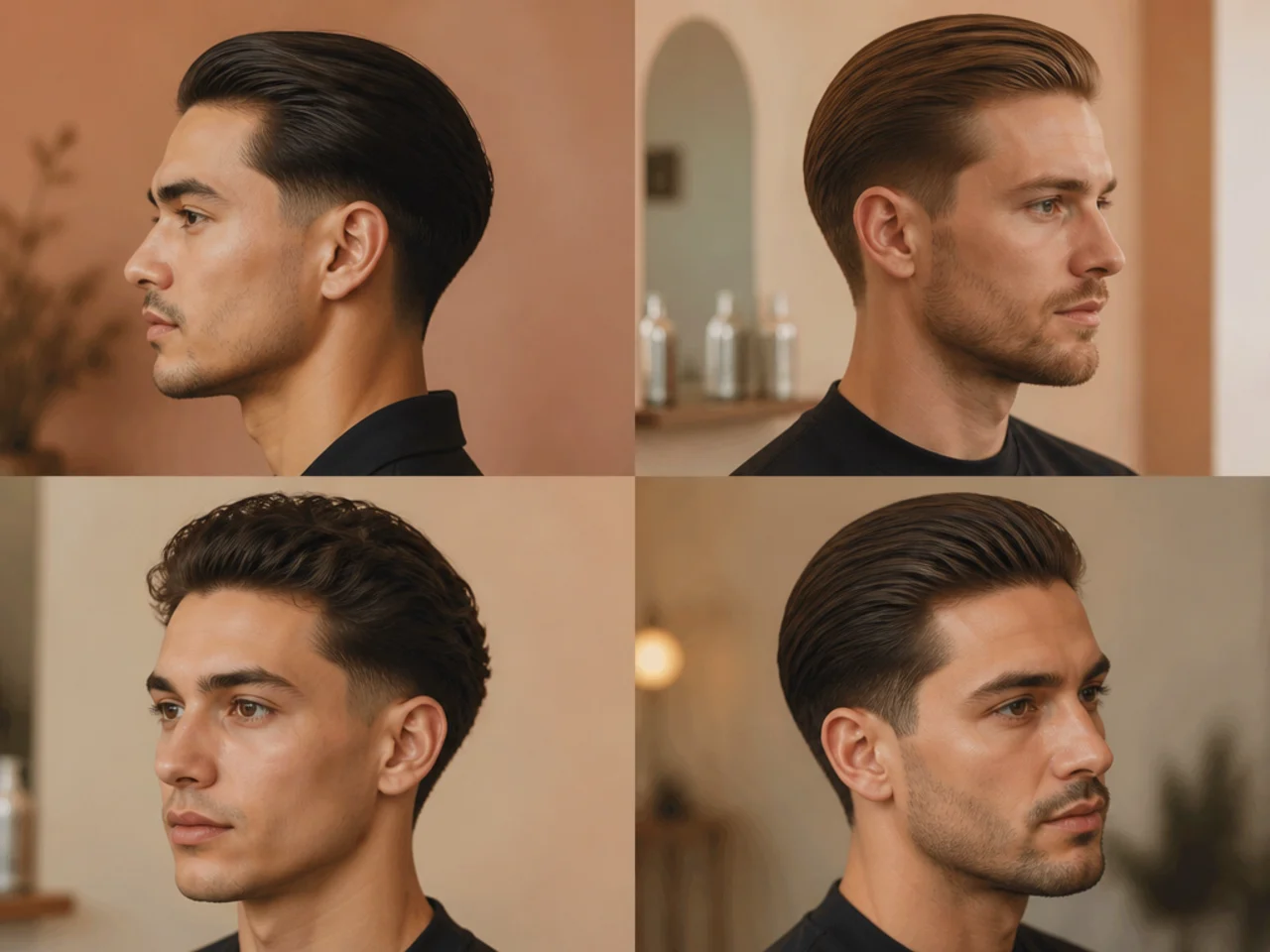 Modern matte low taper slick back with textured finish and no shine on wavy brown hair