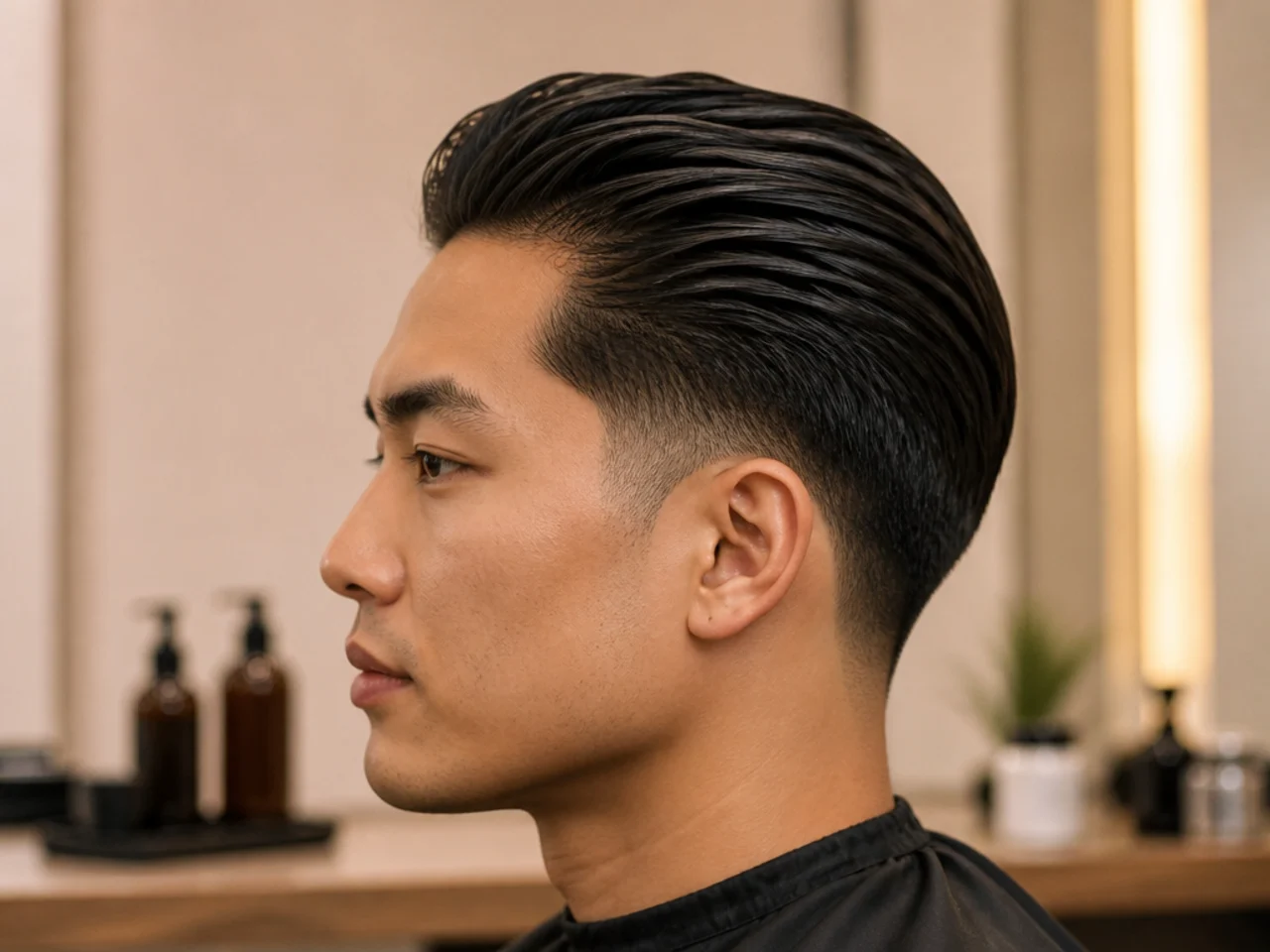 Low taper slick back for Asian men with thick straight hair combed back and clean side profile
