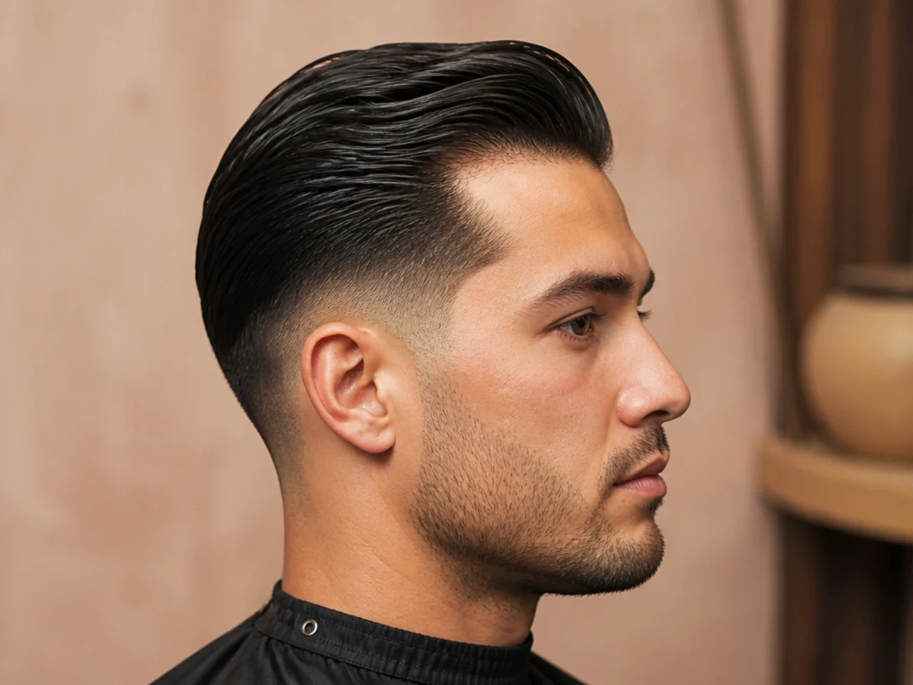 Short low taper slick back with three inches on top and low-maintenance styling on a young man