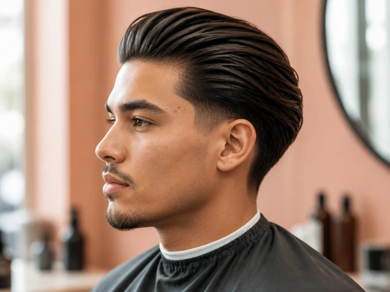 Medium length low taper slick back with five inches of natural texture and low taper fade on the sides