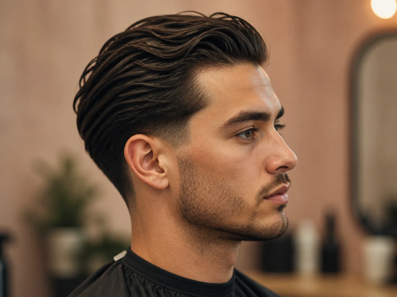 Textured low taper slick back with piecey separation and matte finish on brown hair