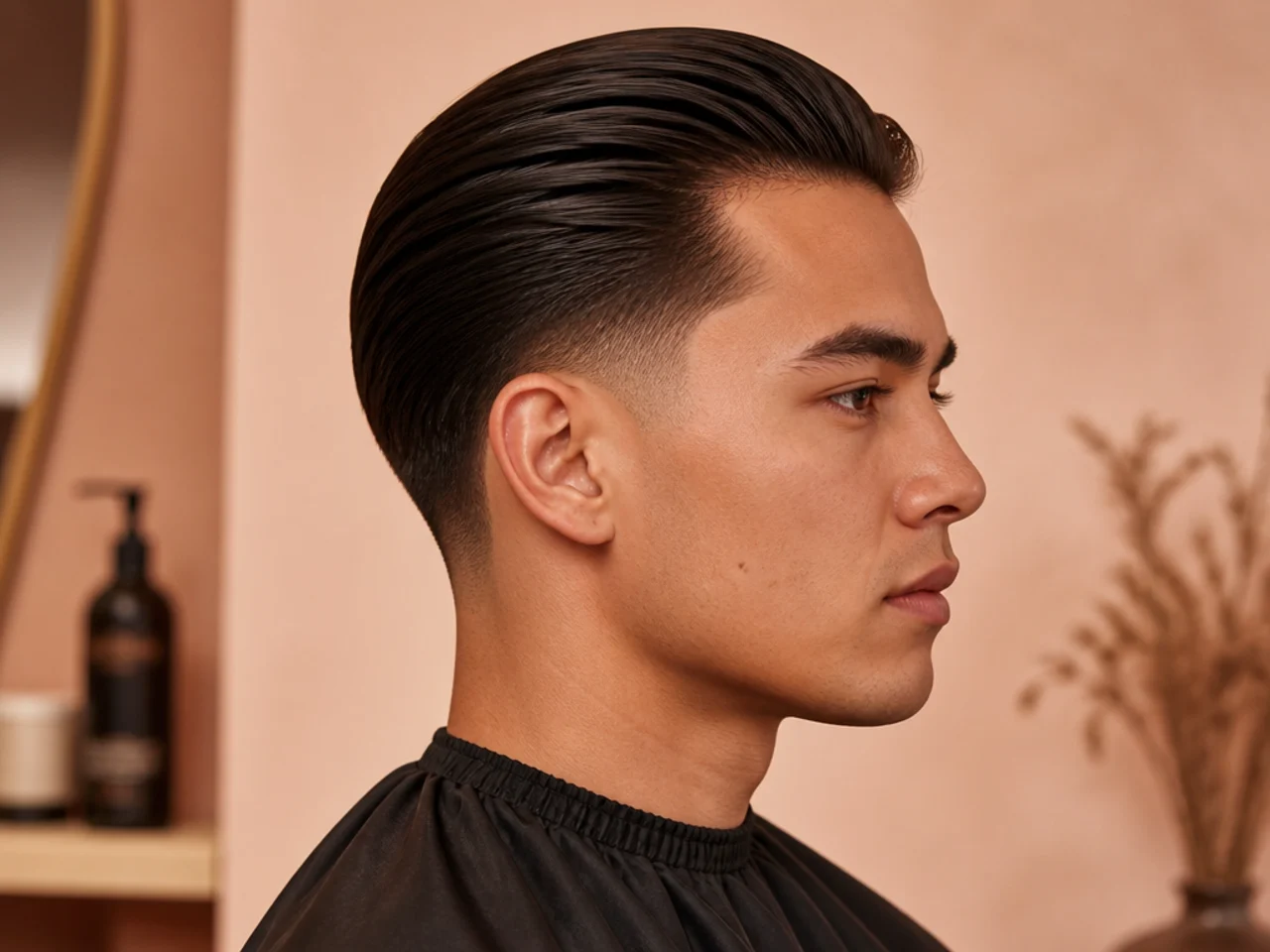Straight hair low taper slick back with sleek pomade finish and clean part-free comb-back