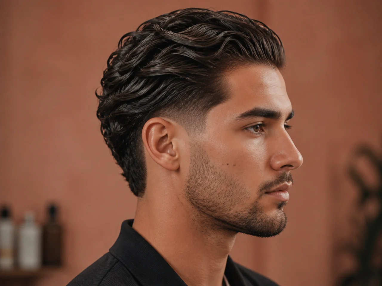 Wavy hair low taper slick back with natural texture visible through the styled top