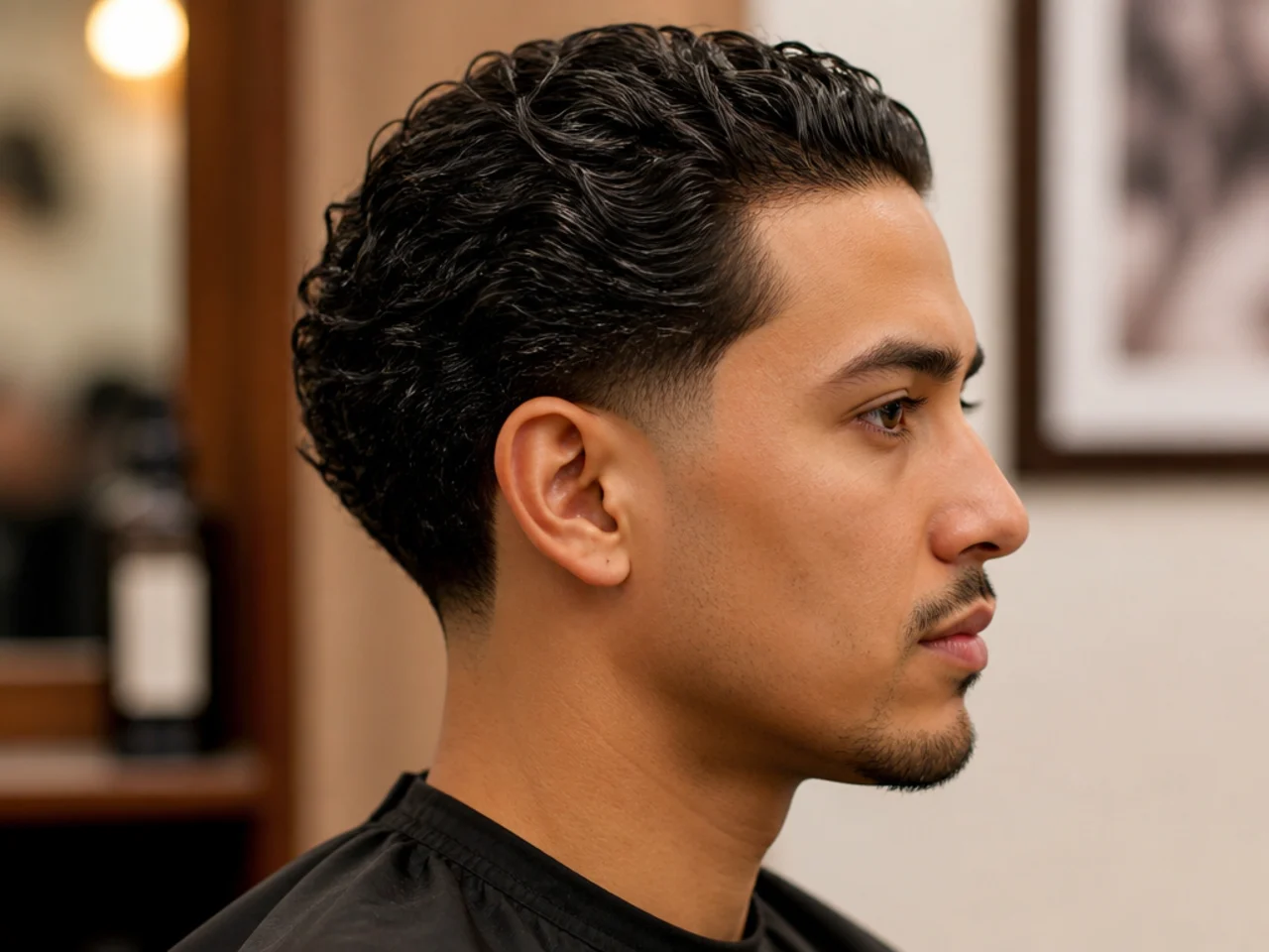Curly hair low taper slick back with defined curls combed back and low taper fade at the perimeter