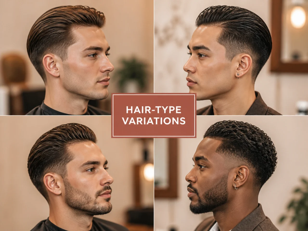 Four low taper slick back haircuts on different hair types side by side