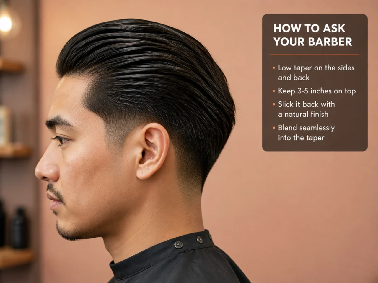 Man showing barber a photo of a low taper slick back haircut on a phone in a barber shop