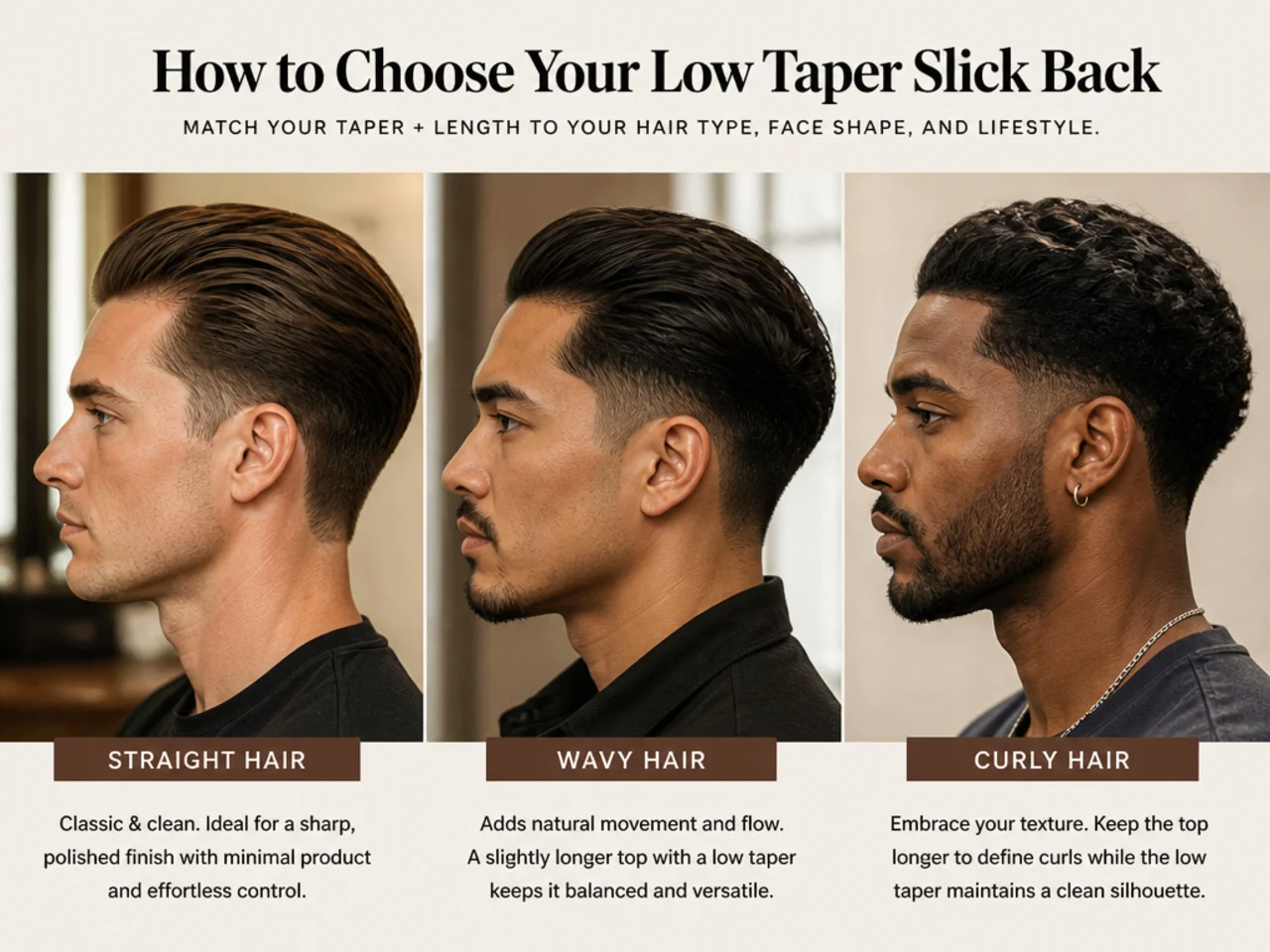 Man reviewing low taper slick back reference photos on a phone in a barber chair