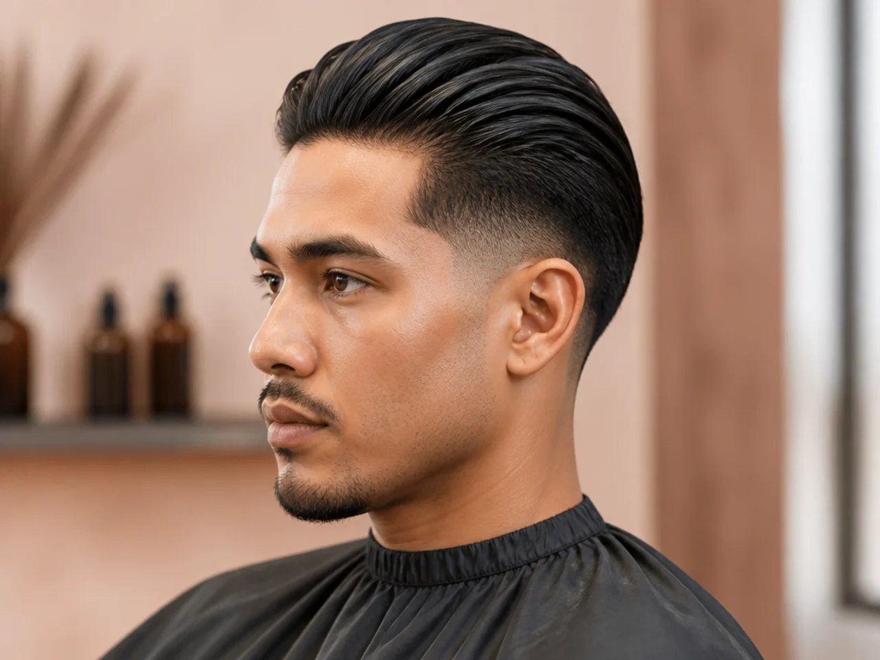 Slick back styling products laid out on a barber shop counter with comb and blow dryer