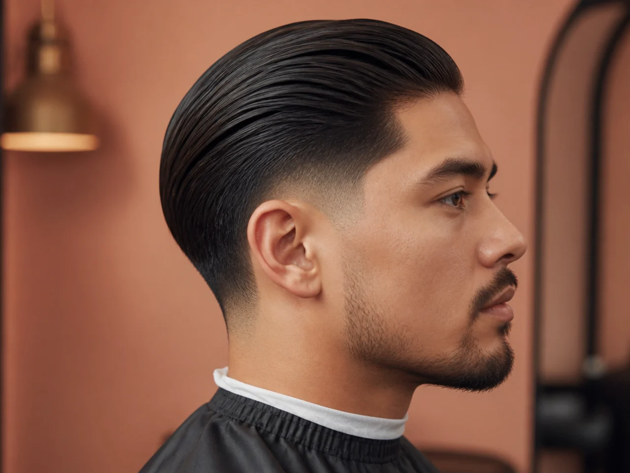Side profile of a fresh low taper slick back haircut on straight dark hair in a barber shop