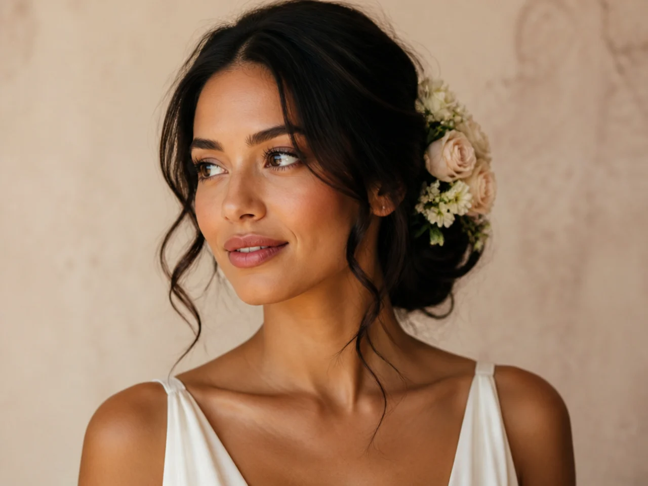 Low Updo Adorned With Fresh Flowers