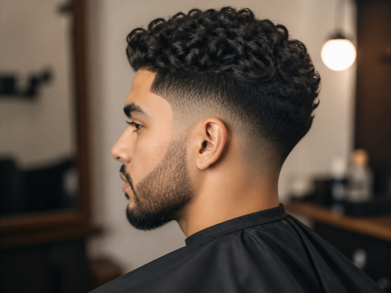 Low taper fade blending into a trimmed beard along the jaw