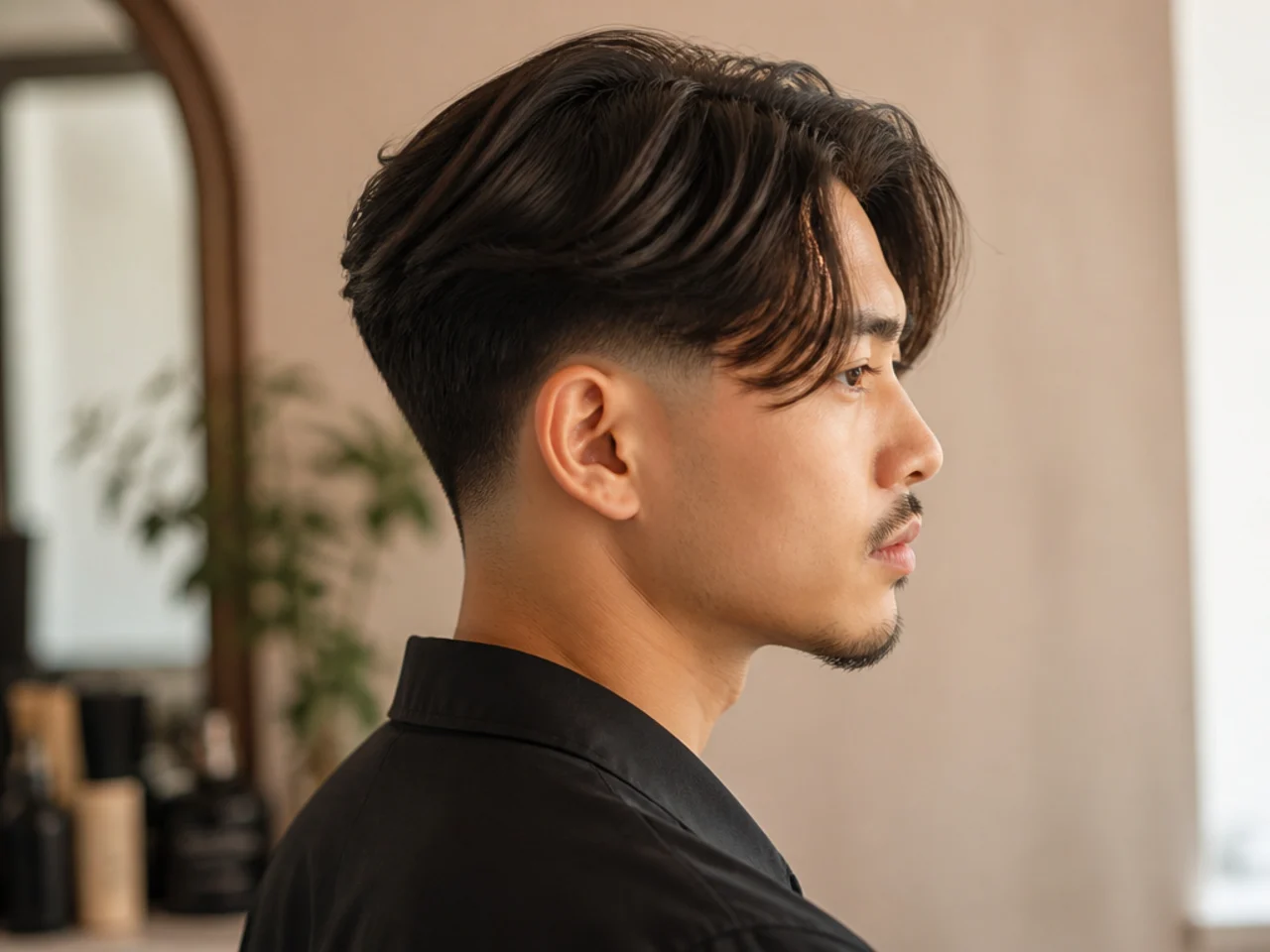 Low taper fade with a middle part and curtain length
