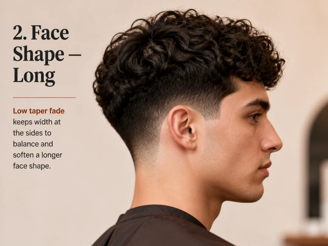 Low taper fade on a long face keeping width at the sides