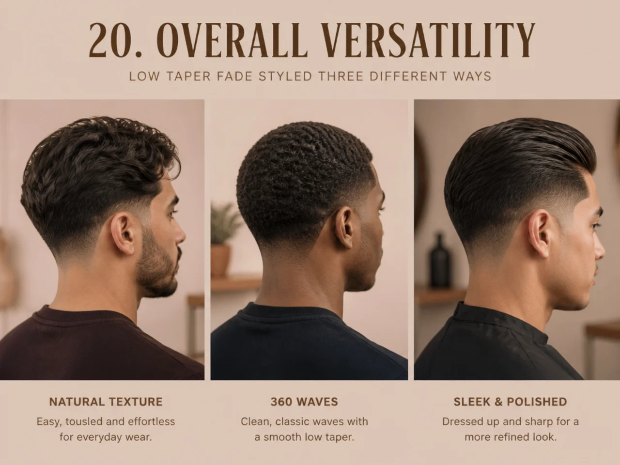 Low taper fade styled three different ways