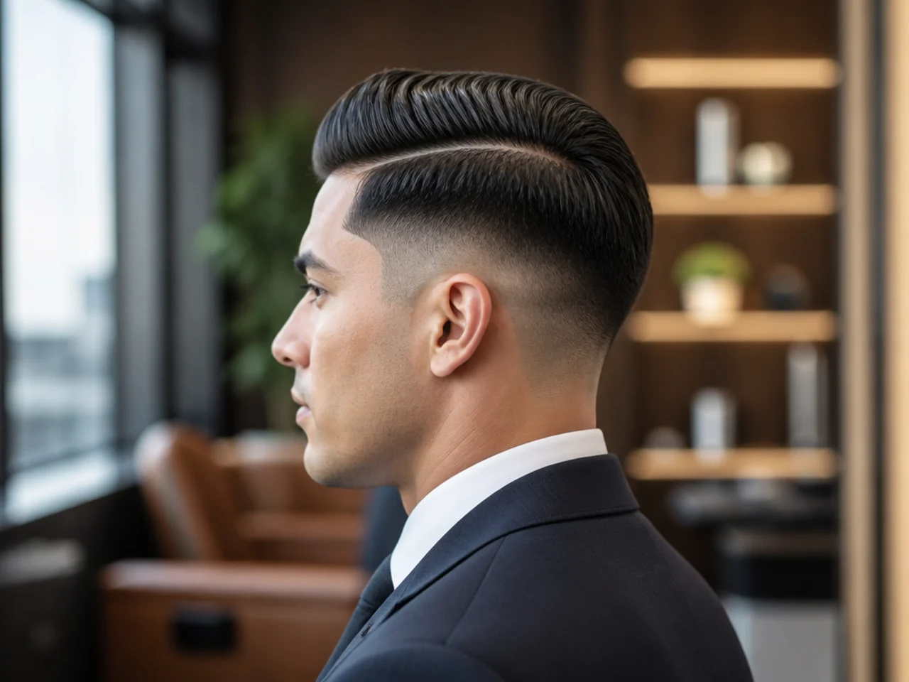 Low taper fade with a comb over in a business setting