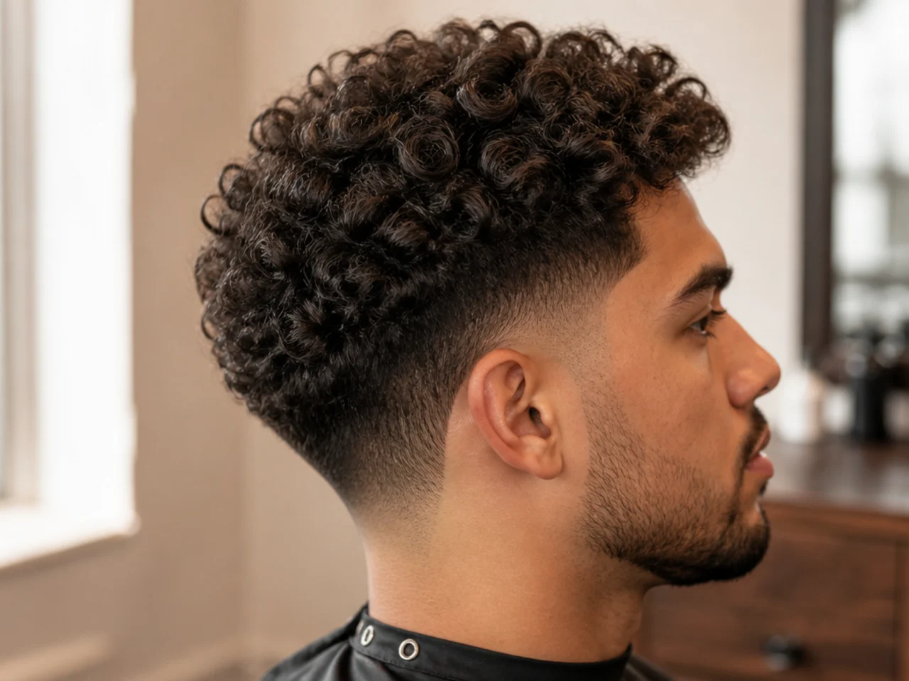 Low taper fade on curly hair with full curl volume retained on top