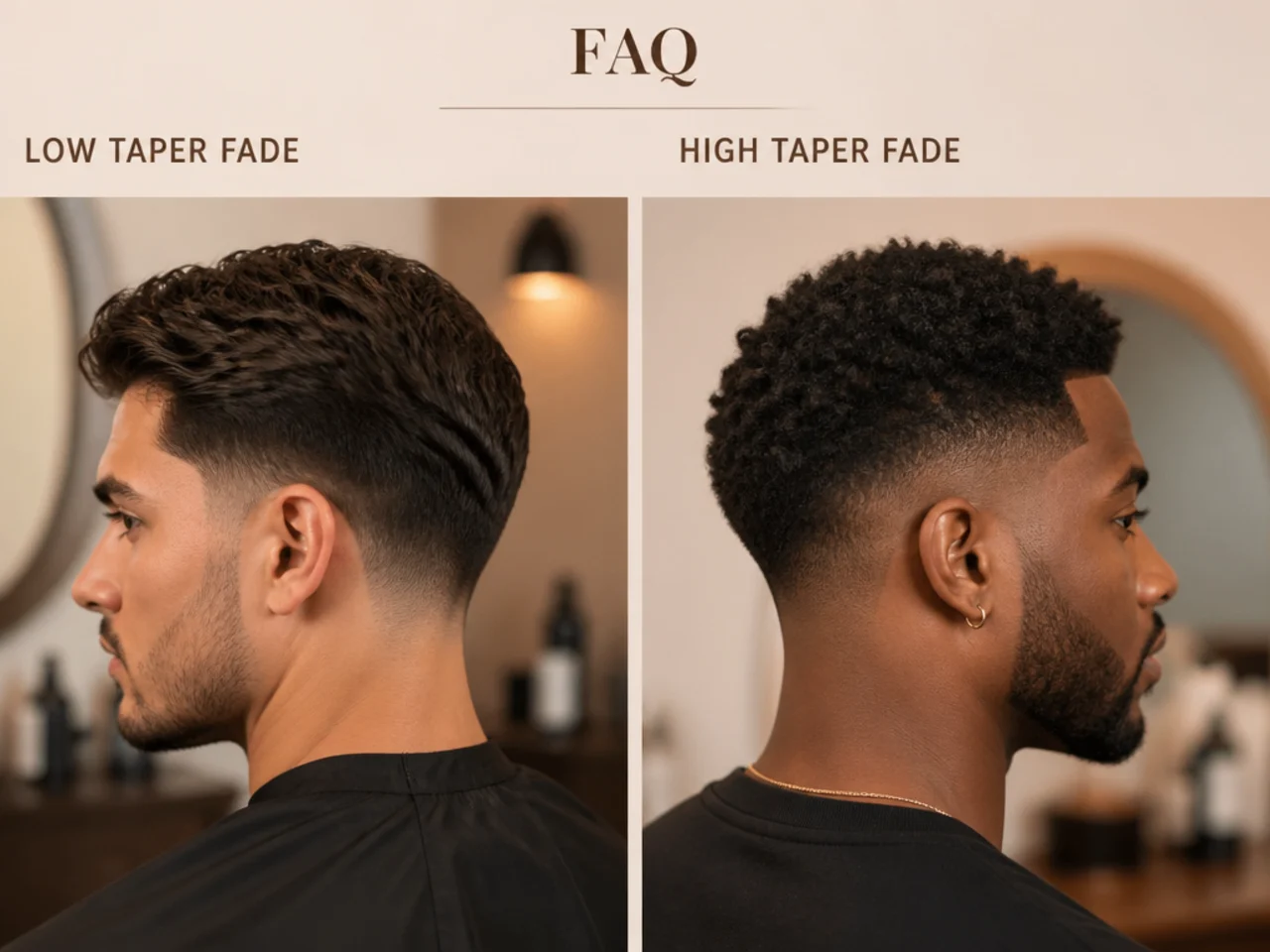 Three-quarter views of a low and a high taper fade