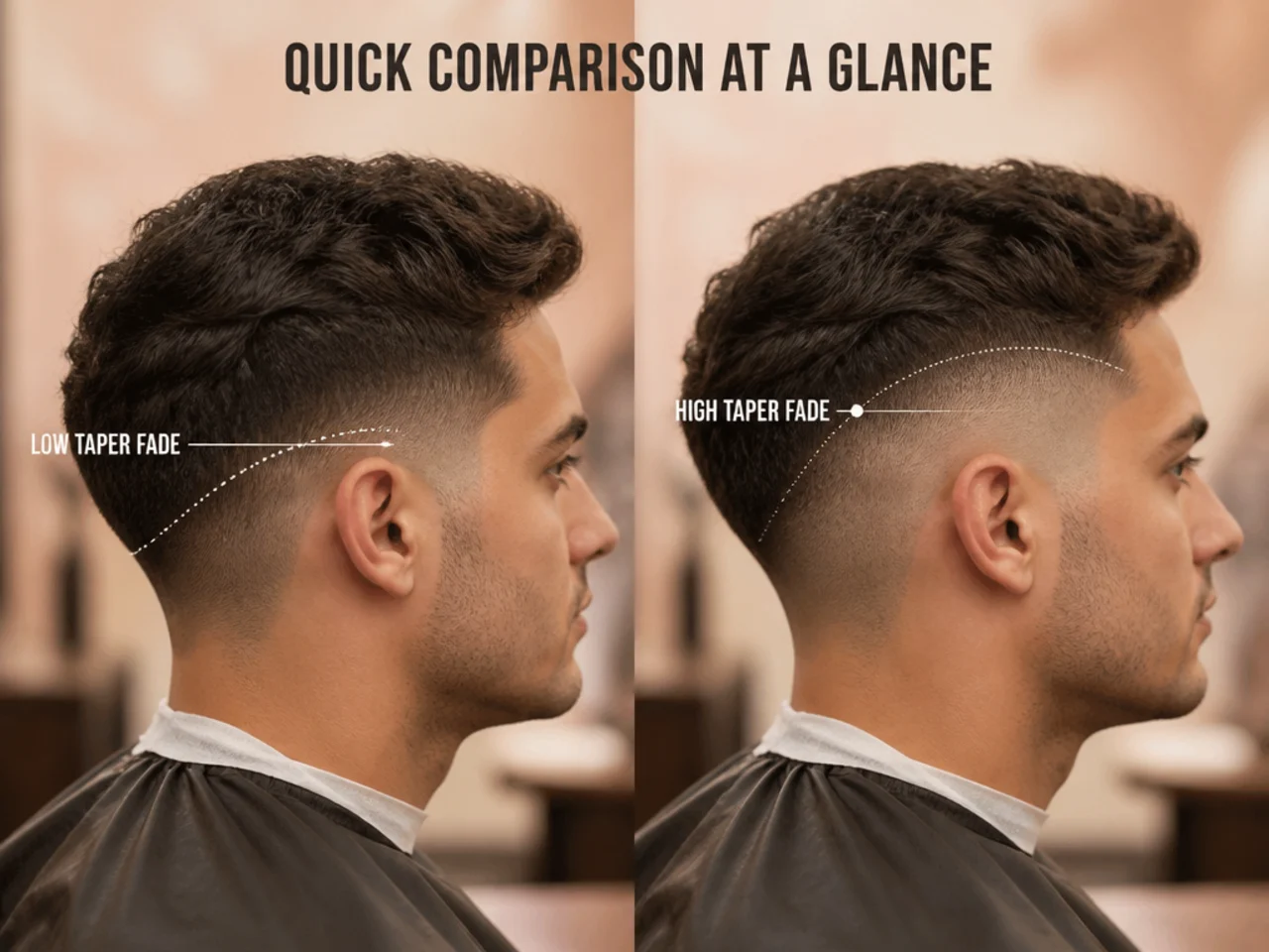 The fade start line marked at low and high positions on the same head shape