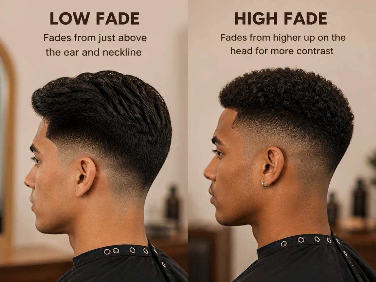 Close-up of a low fade blend beside a high fade blend showing the difference in faded area