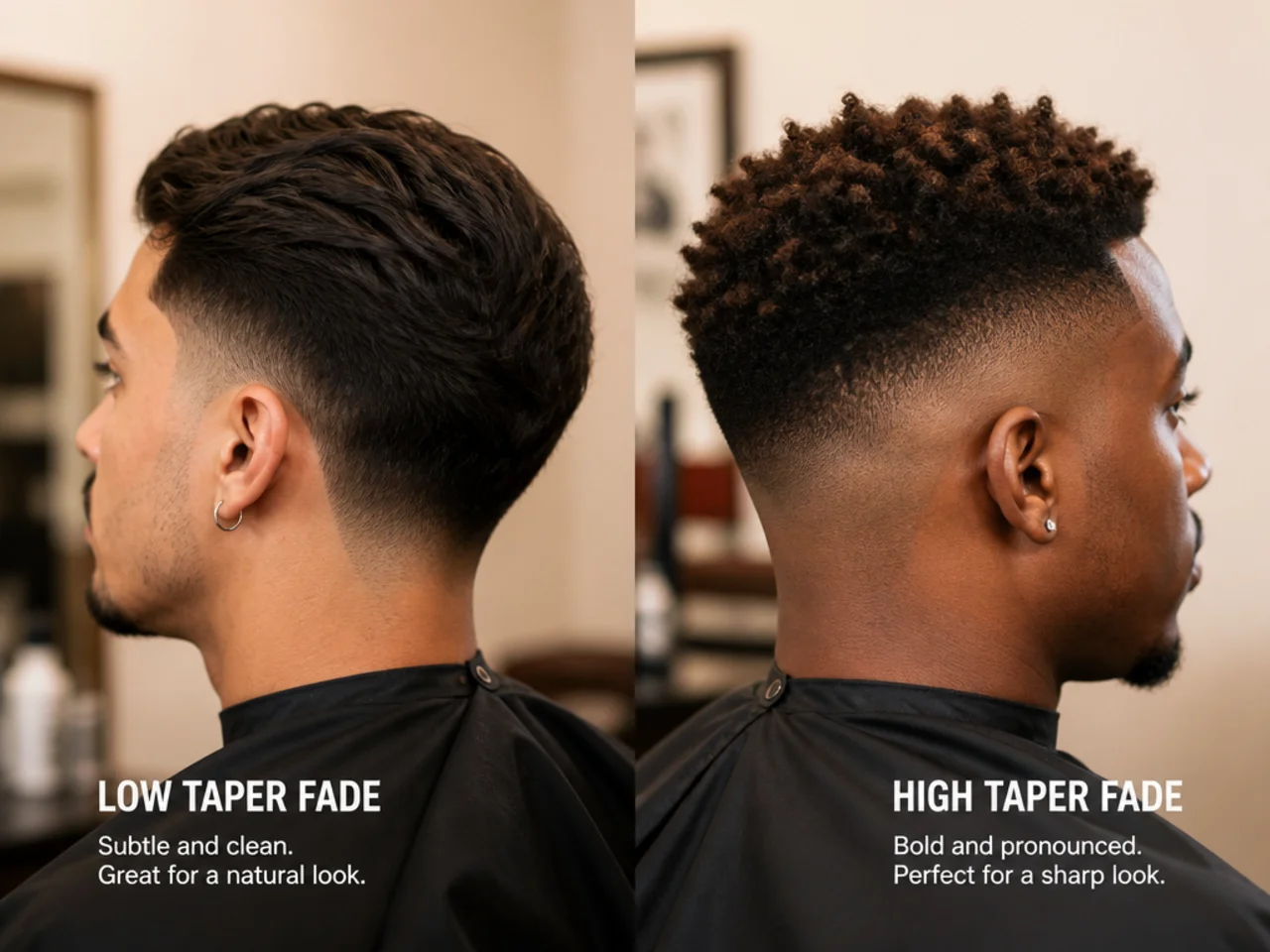Low and high taper fades shown side by side as a final comparison