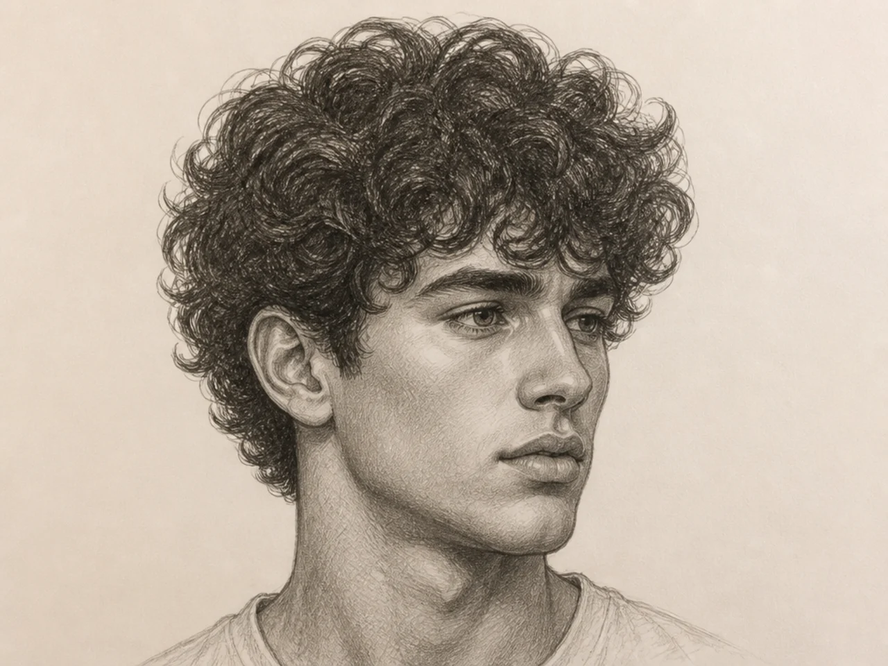 Male curly hair from a three-quarter view