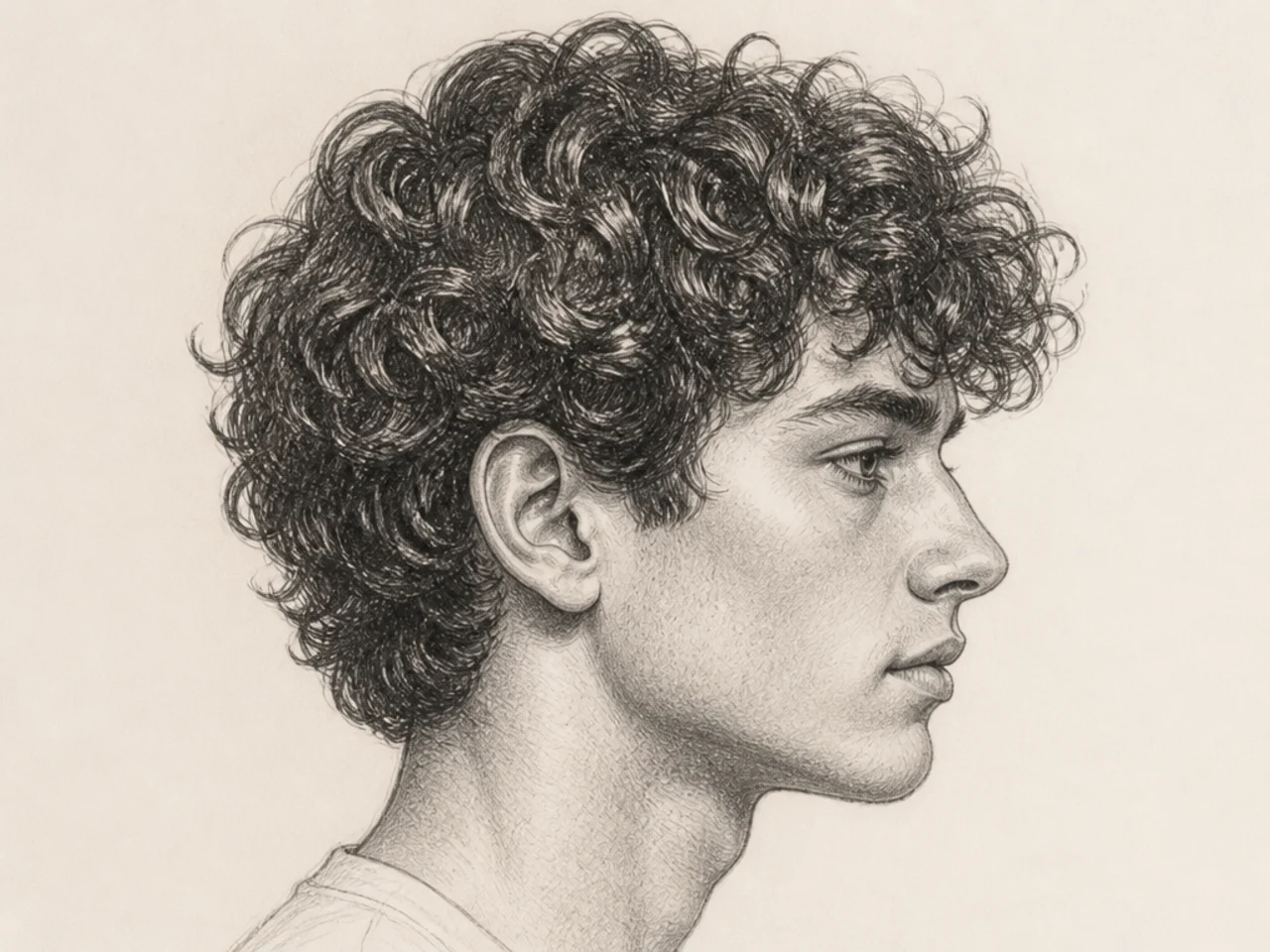 Male curly hair in profile