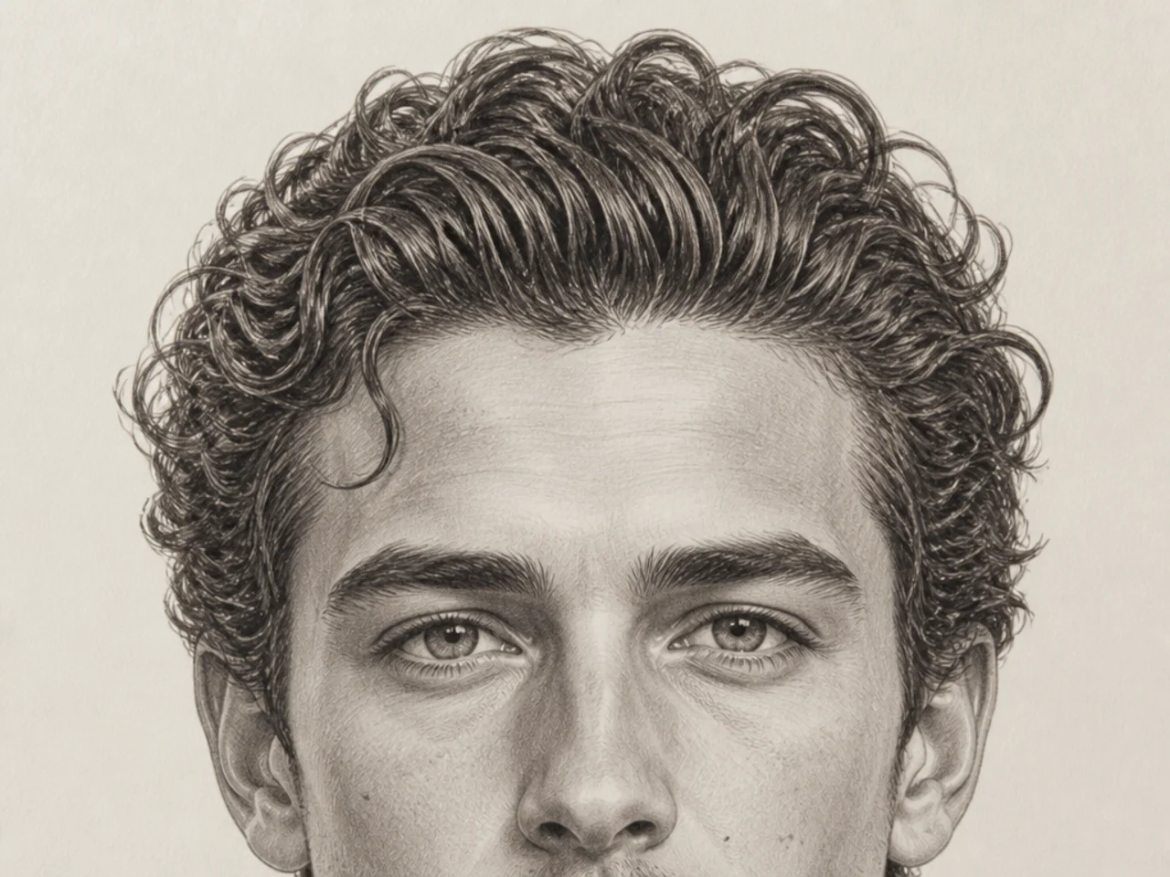 Curly hair pushed back off the forehead