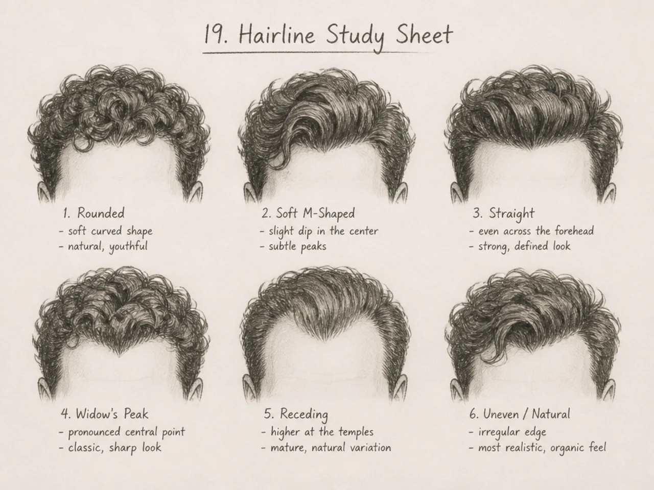 A study sheet of six different hairlines