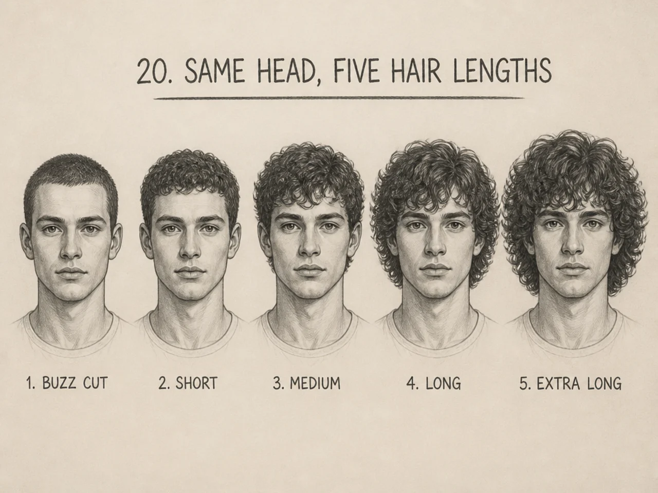 One head drawn with five hair lengths