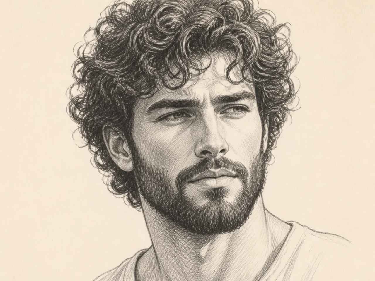 Curly hair drawn with a beard