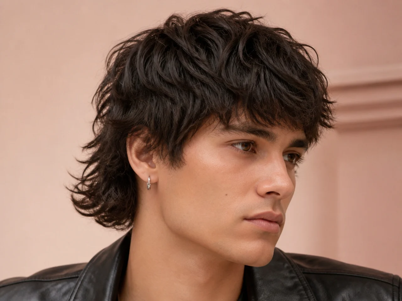 A textured crop fringe on a male wolf cut