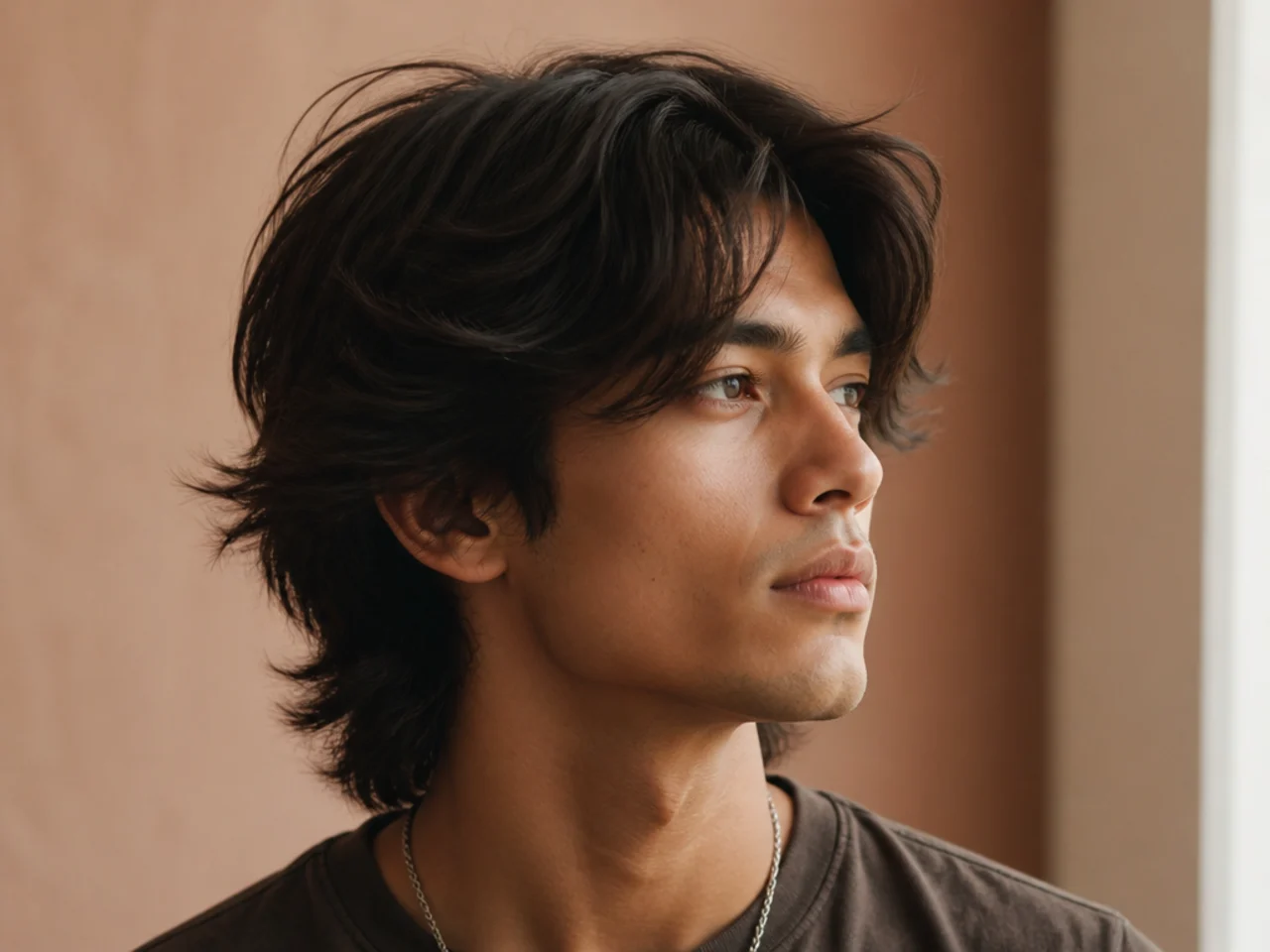A male wolf cut on very thick hair