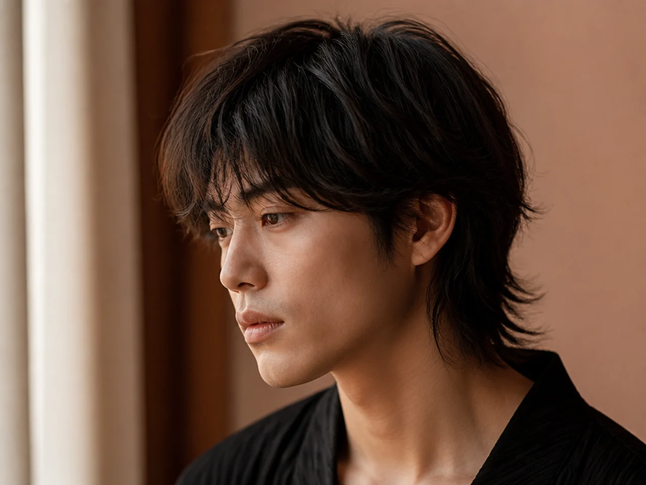 A male wolf cut on fine hair with a kept perimeter
