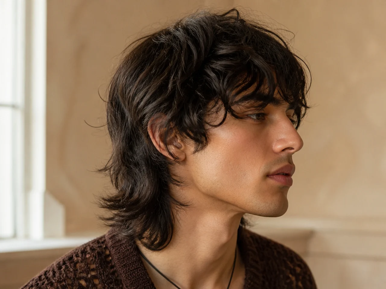 A mid length male wolf cut reaching the collar