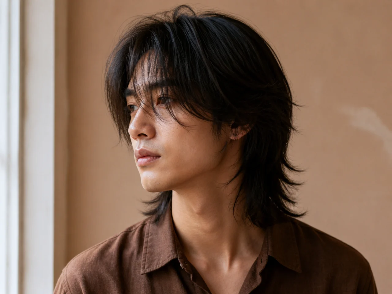 A straight haired male wolf cut with point cut ends