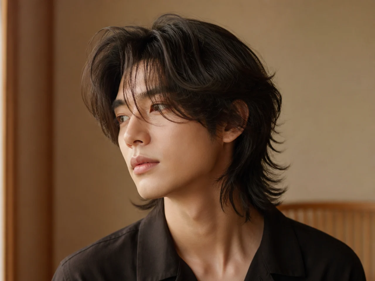 A soft layered Korean style wolf cut on a man