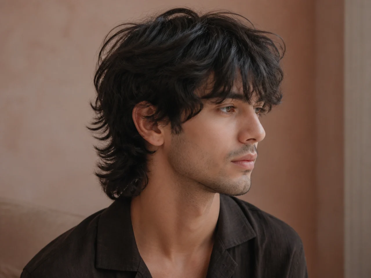 Three quarter view of a mens wolf cut
