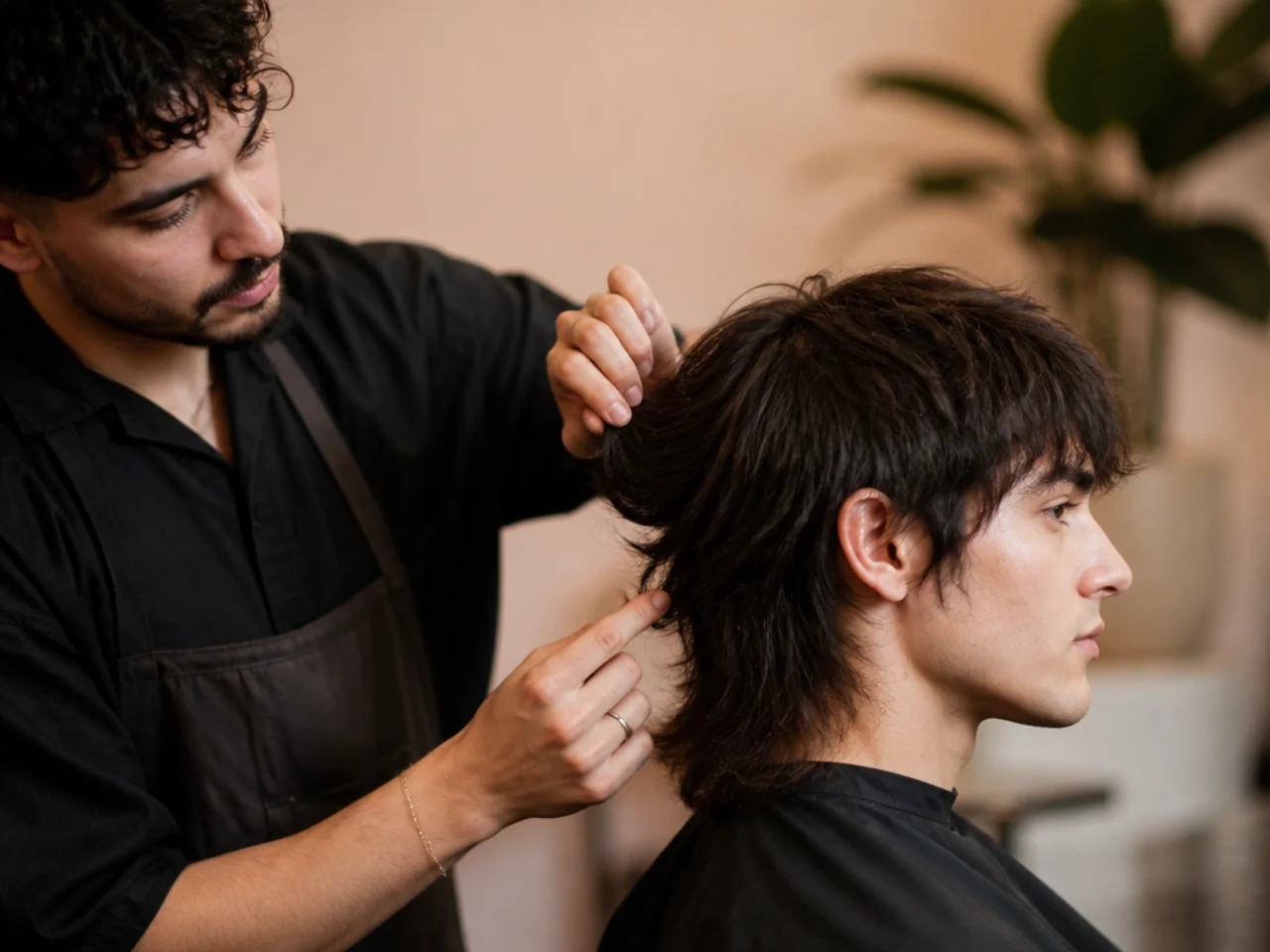 A barber checking layer depth on a mens wolf cut