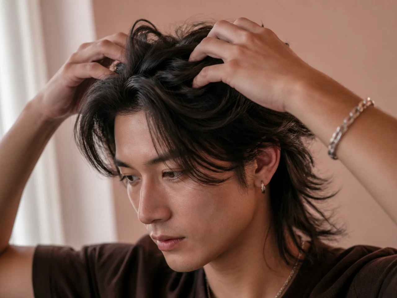 Texture product being worked into the roots of a wolf cut