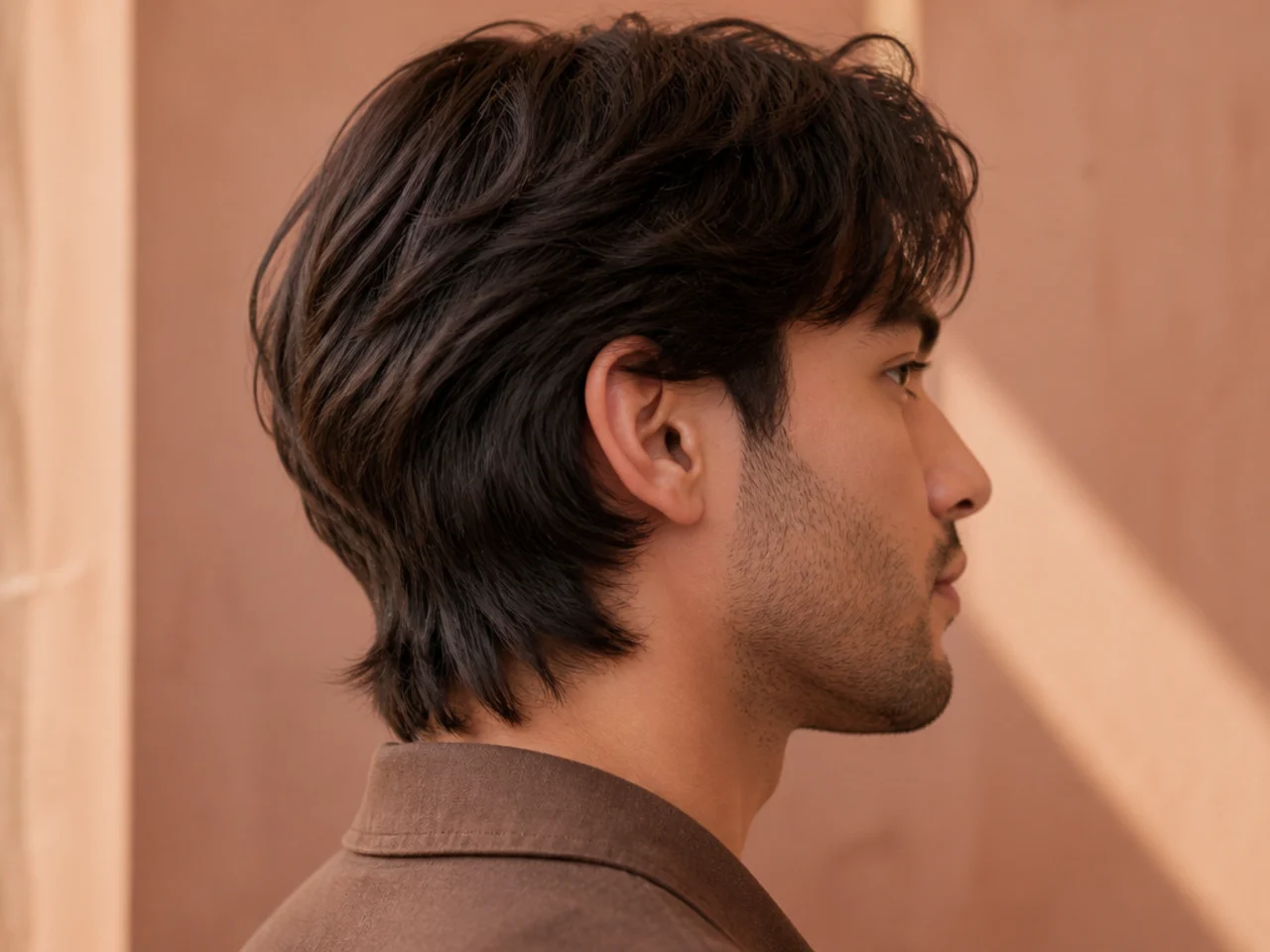 Side view showing short crown layers over longer nape length