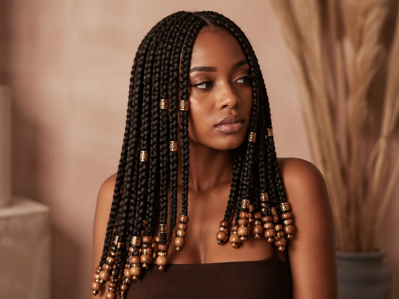 Medium braids wearing both cuffs and beads